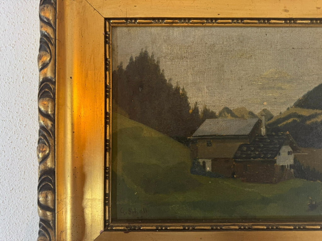 Antikes Ölgemälde Landschaft mit Haus signiert G. Scholl 1925