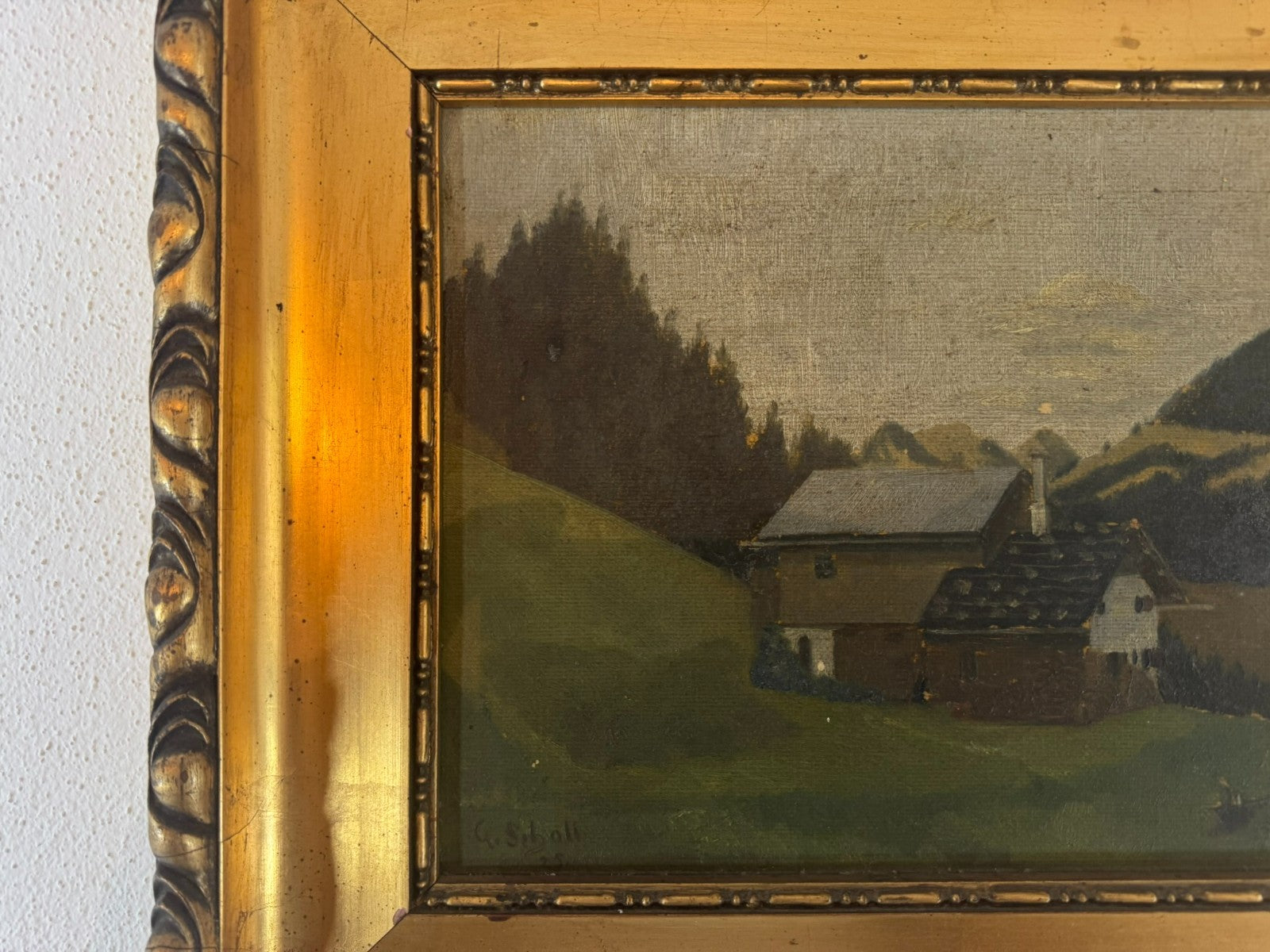 Antikes Ölgemälde Landschaft mit Haus signiert G. Scholl 1925
