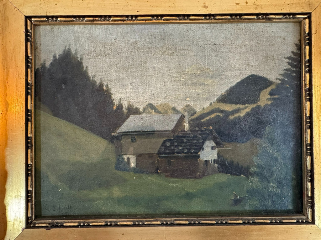 Antikes Ölgemälde Landschaft mit Haus signiert G. Scholl 1925