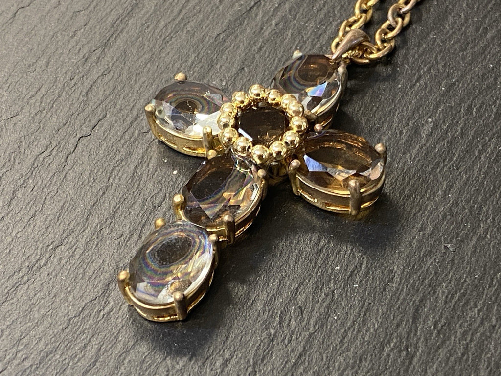 Massive Kreuz Kette Senso Di Donna Rauchquarz vergoldet Metall