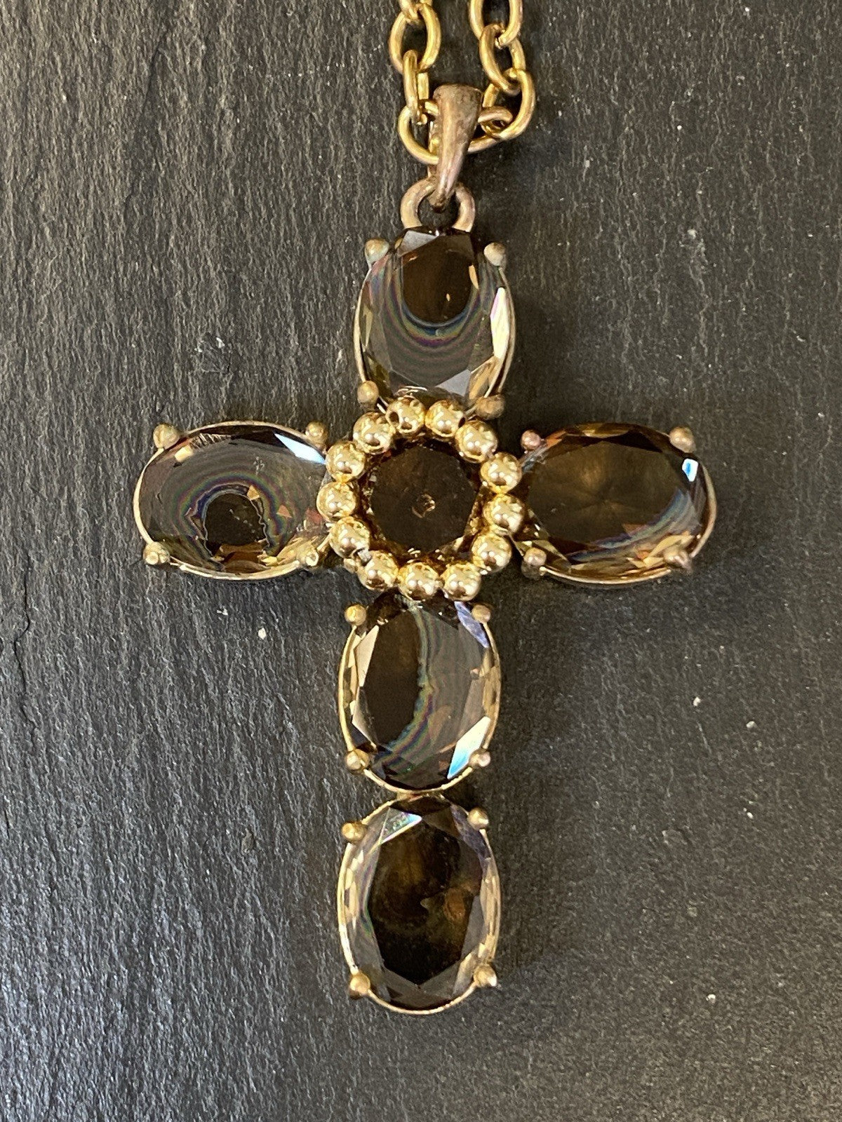Massive Kreuz Kette Senso Di Donna Rauchquarz vergoldet Metall