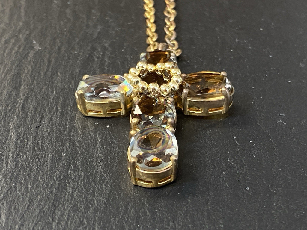 Massive Kreuz Kette Senso Di Donna Rauchquarz vergoldet Metall