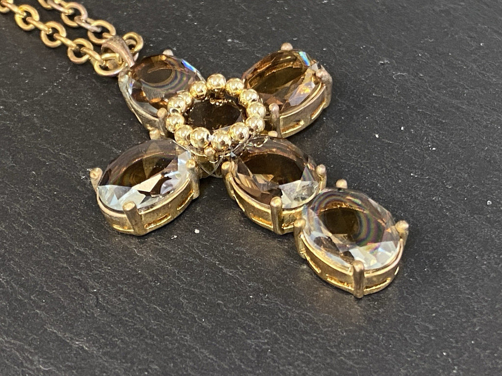 Massive Kreuz Kette Senso Di Donna Rauchquarz vergoldet Metall