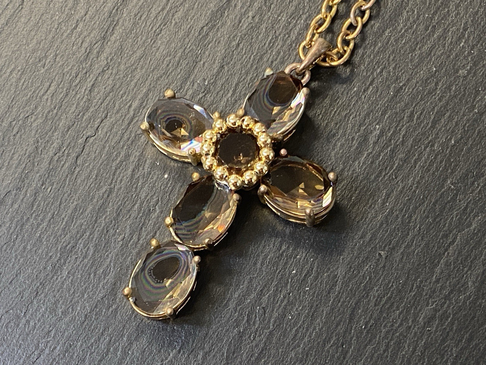 MASSIVE KREUZ KETTE SENSO DI DONNA RAUCHQUARZ VERGOLDET METALL