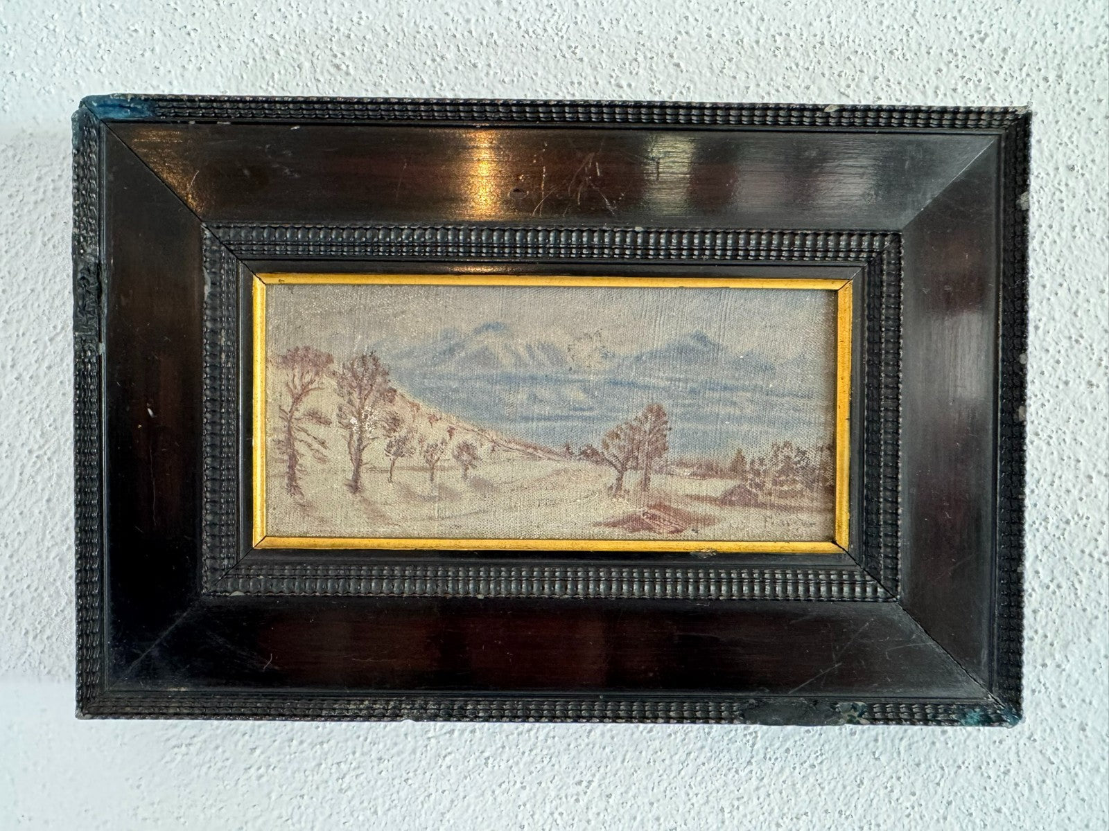 Kleines antikes Ölgemälde in Prunkrahmen Winter Landschaft signiert