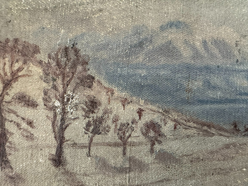 Kleines antikes Ölgemälde in Prunkrahmen Winter Landschaft signiert