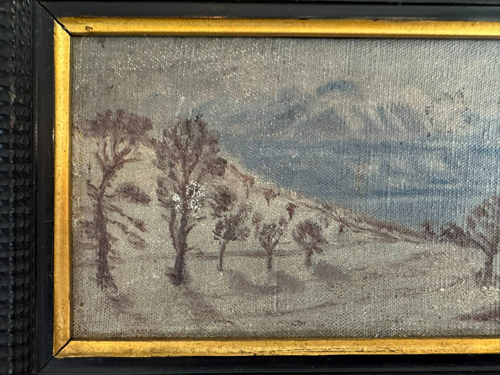 Kleines antikes Ölgemälde in Prunkrahmen Winter Landschaft signiert