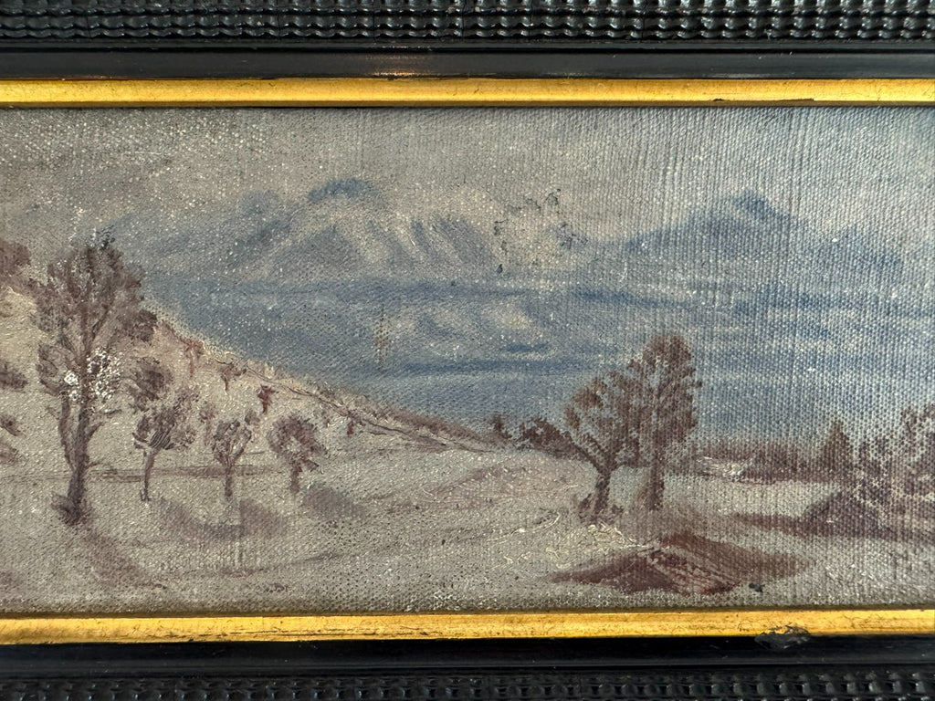 Kleines antikes Ölgemälde in Prunkrahmen Winter Landschaft signiert