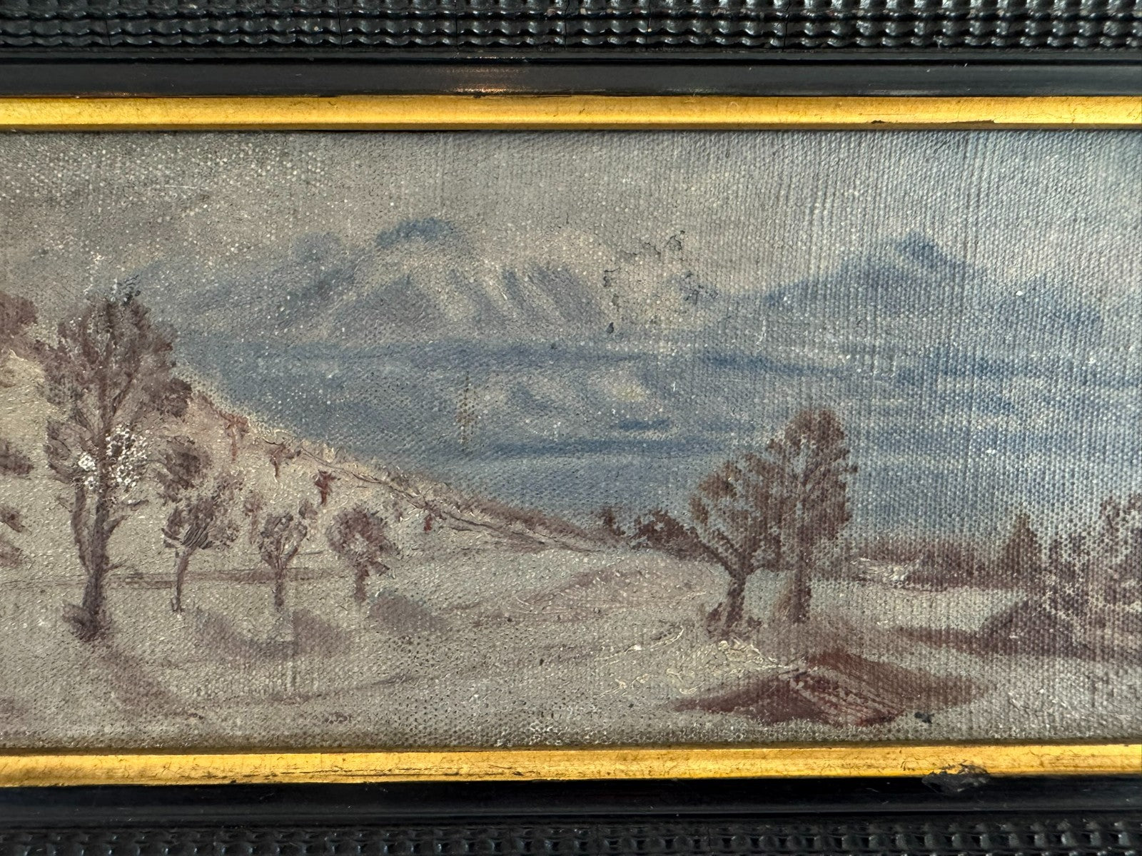 Kleines antikes Ölgemälde in Prunkrahmen Winter Landschaft signiert