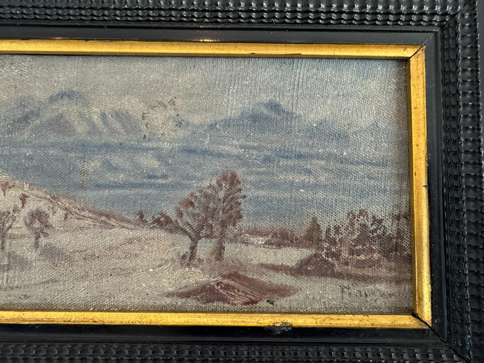Kleines antikes Ölgemälde in Prunkrahmen Winter Landschaft signiert