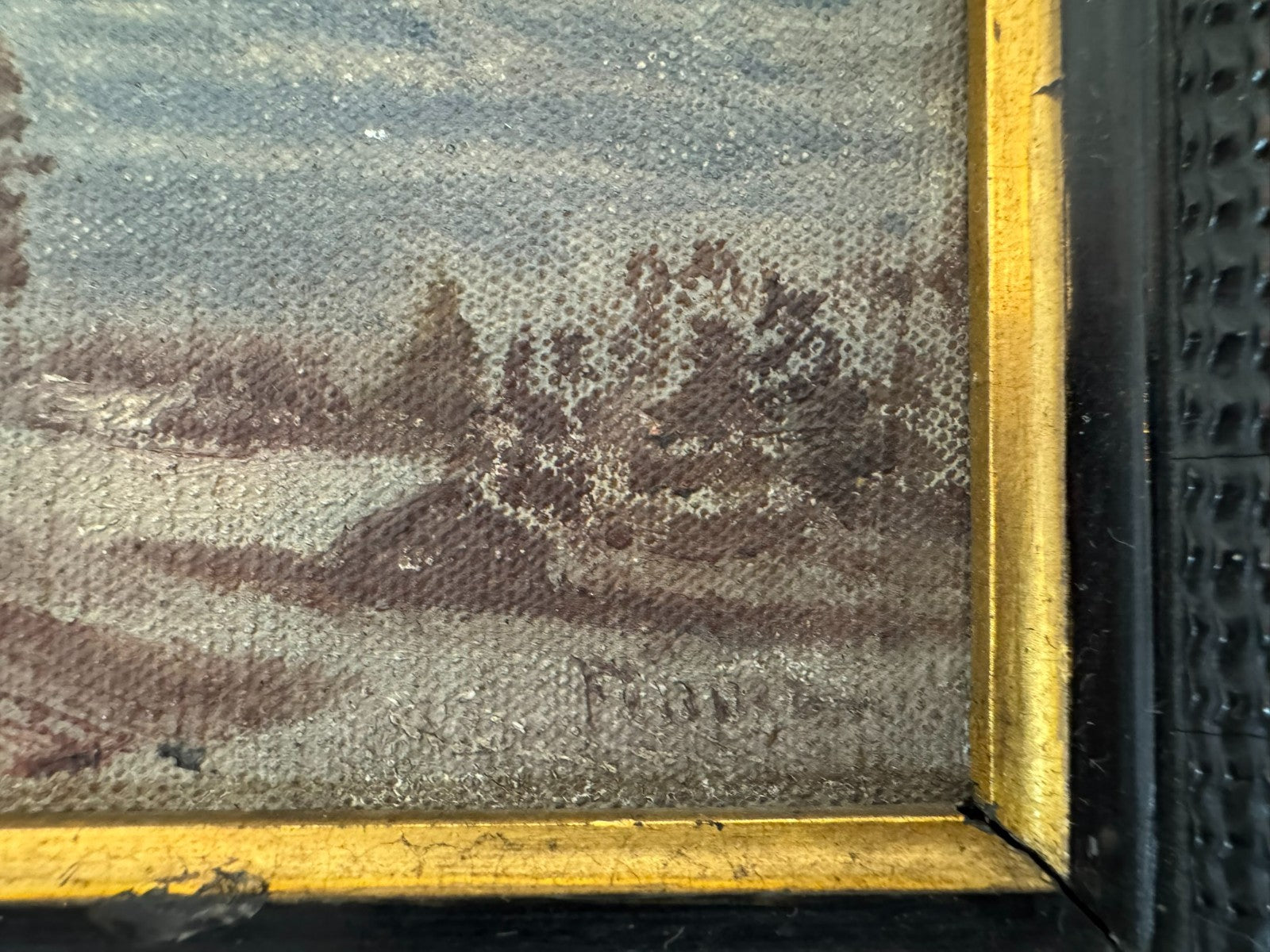 Kleines antikes Ölgemälde in Prunkrahmen Winter Landschaft signiert