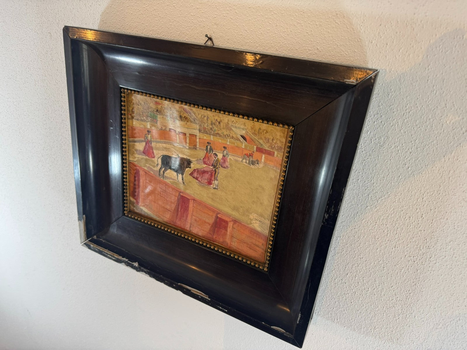 Gouache auf Papier Torrero Szenerie Stierkampfarena signiert