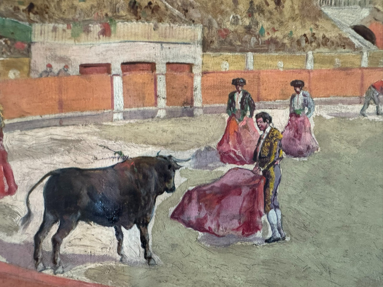 Gouache auf Papier Torrero Szenerie Stierkampfarena signiert