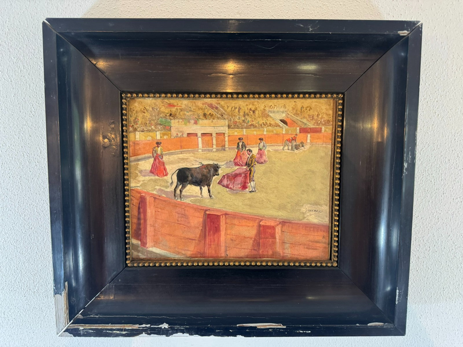 Gouache auf Papier Torrero Szenerie Stierkampfarena signiert