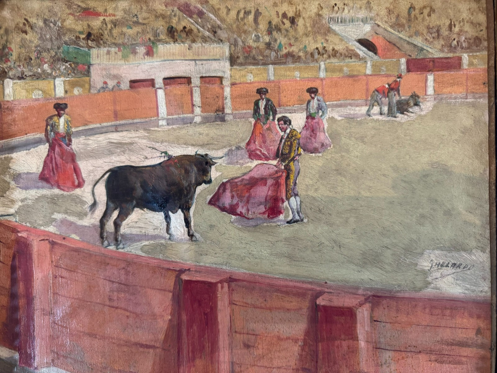 GOUACHE AUF PAPIER TORRERO SZENERIE STIERKAMPFARENA SIGNIERT