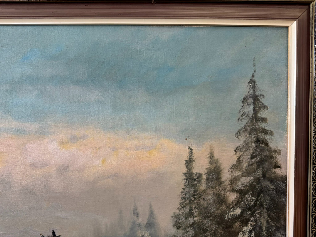 Grosses Ölgemälde in Prunkrahmen Willuow signiert Trojka in Winter Landschaft