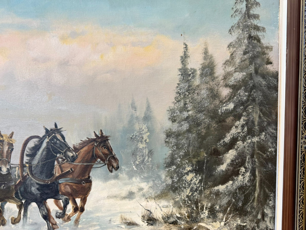 Grosses Ölgemälde in Prunkrahmen Willuow signiert Trojka in Winter Landschaft