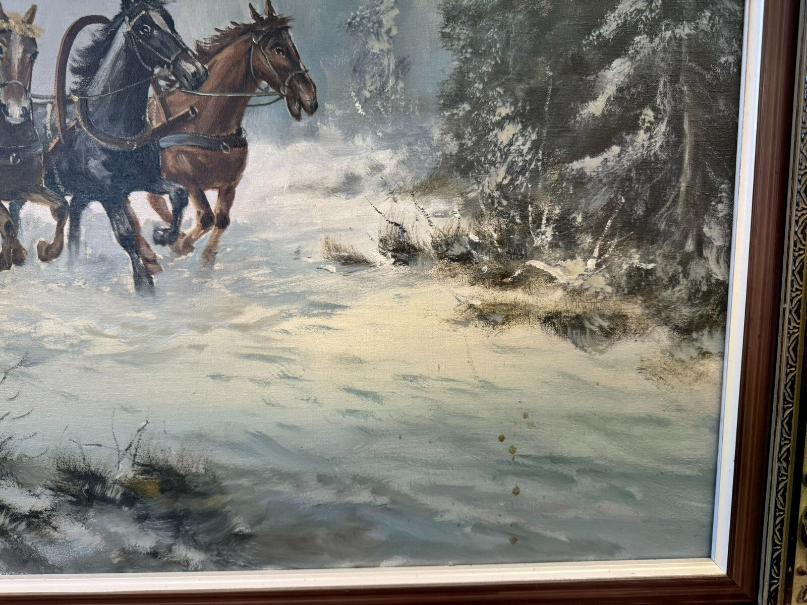 Grosses Ölgemälde in Prunkrahmen Willuow signiert Trojka in Winter Landschaft