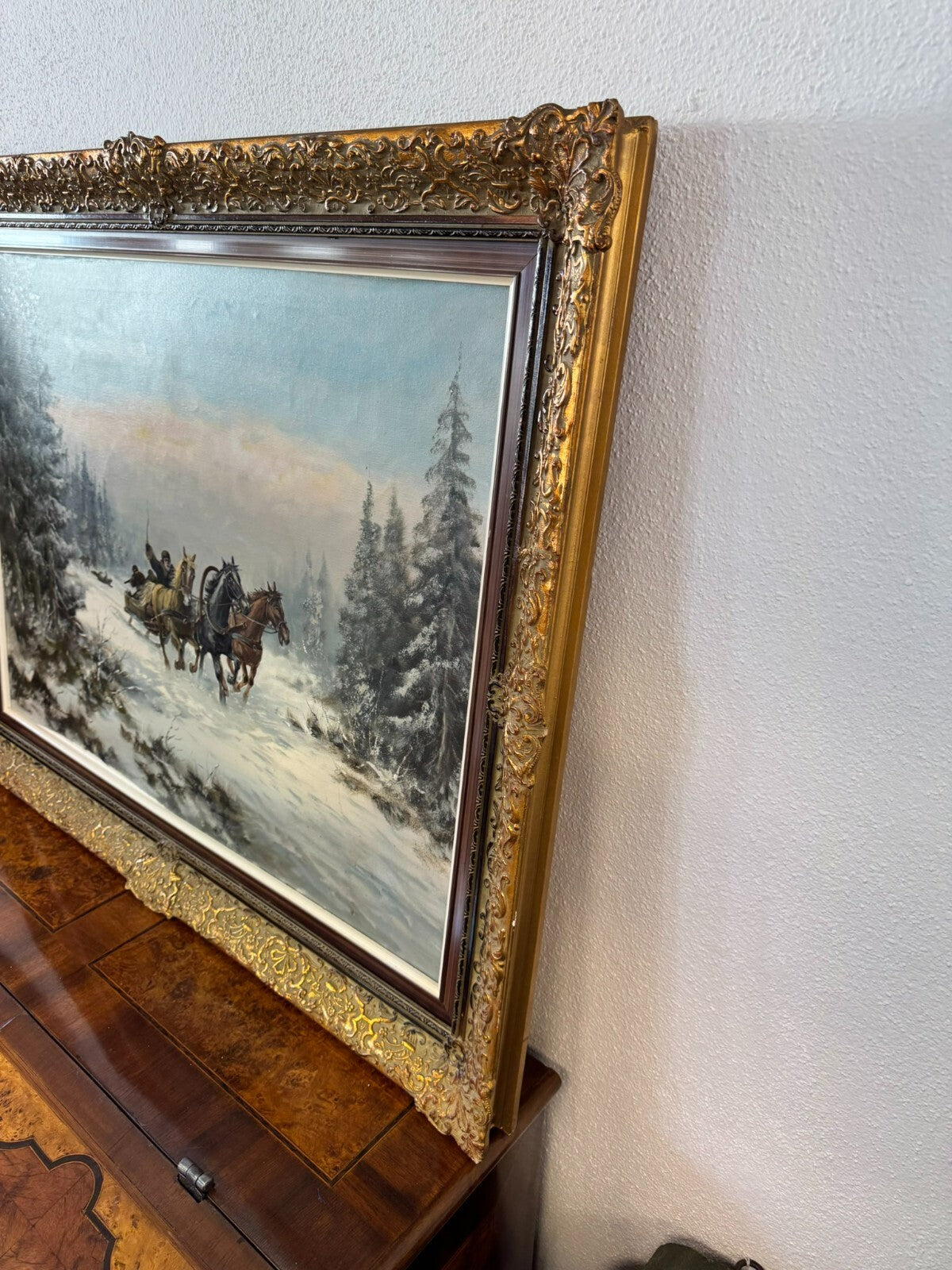 Grosses Ölgemälde in Prunkrahmen Willuow signiert Trojka in Winter Landschaft