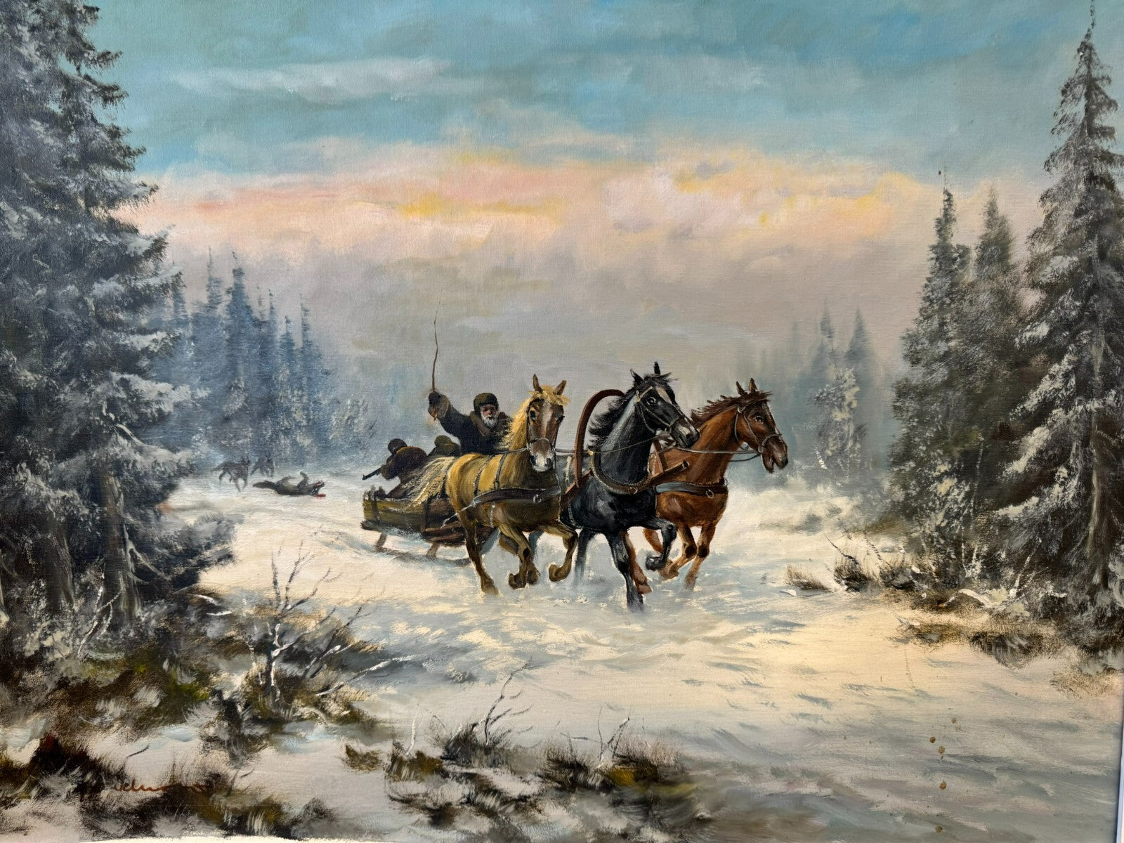 Grosses Ölgemälde in Prunkrahmen Willuow signiert Trojka in Winter Landschaft