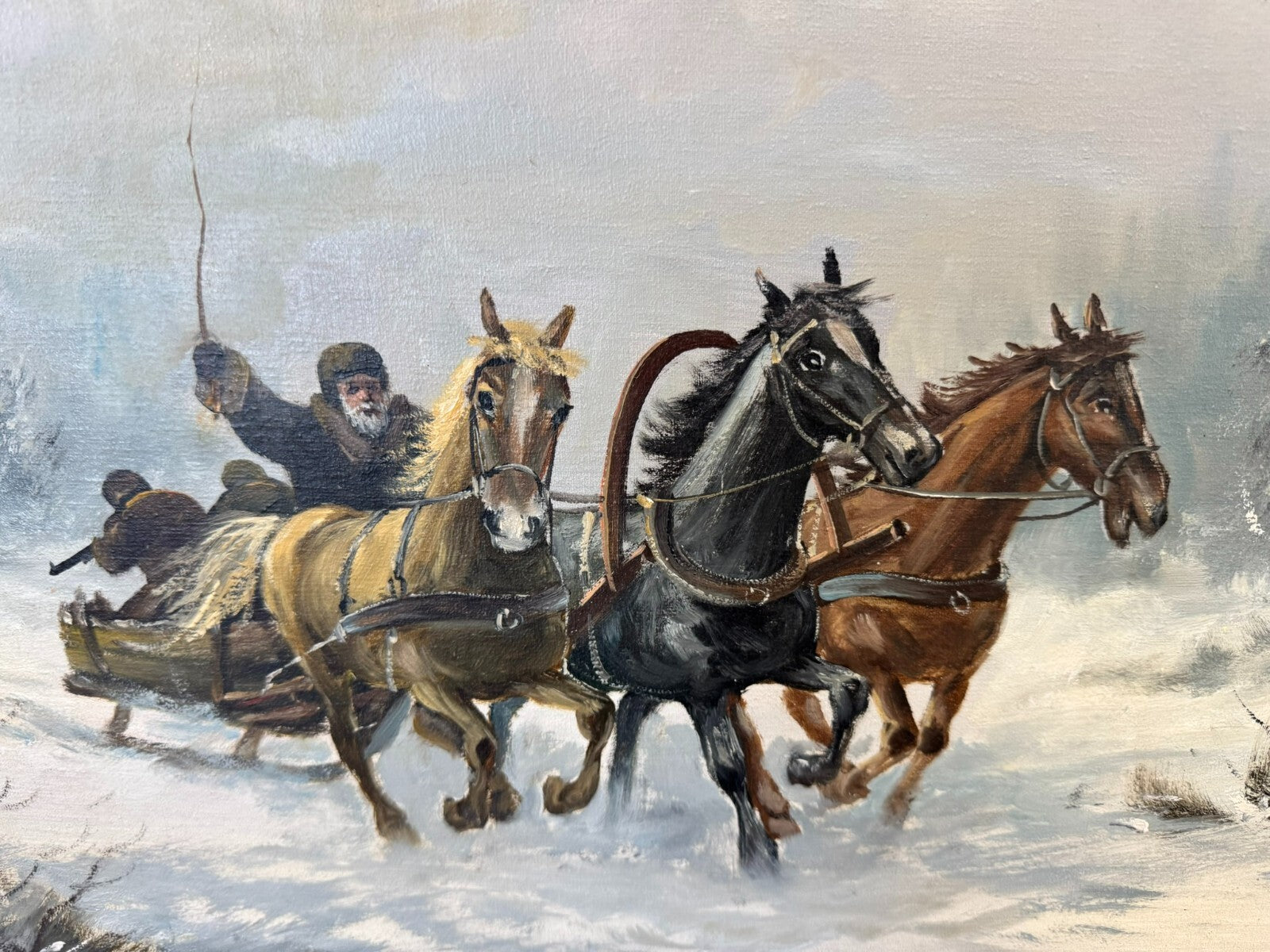 Grosses Ölgemälde in Prunkrahmen Willuow signiert Trojka in Winter Landschaft