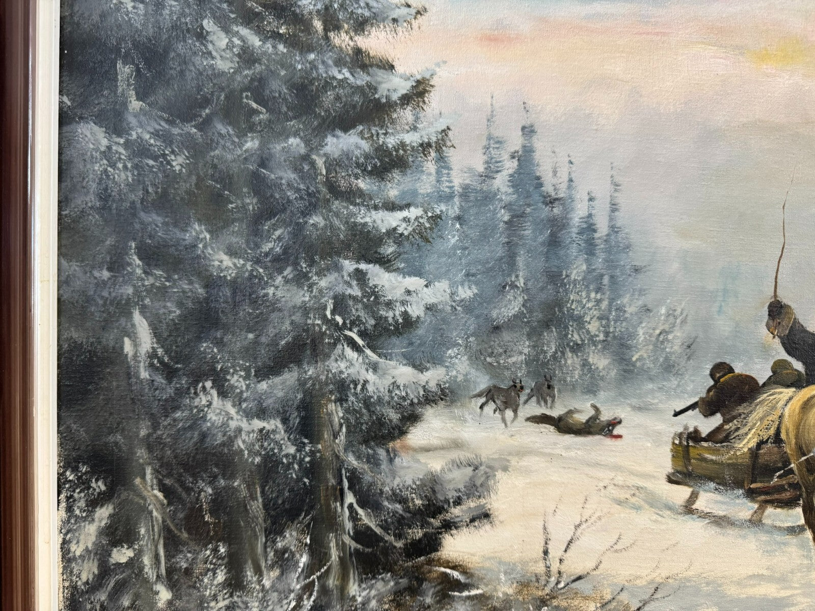Grosses Ölgemälde in Prunkrahmen Willuow signiert Trojka in Winter Landschaft