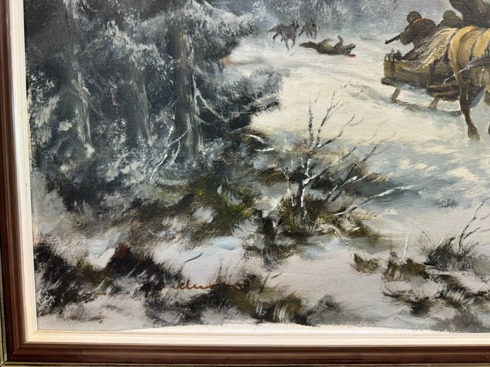 Grosses Ölgemälde in Prunkrahmen Willuow signiert Trojka in Winter Landschaft
