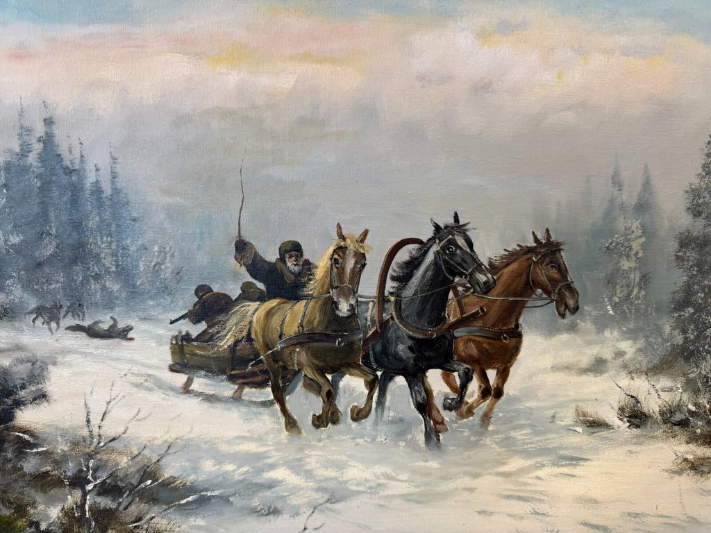 Grosses Ölgemälde in Prunkrahmen Willuow signiert Trojka in Winter Landschaft