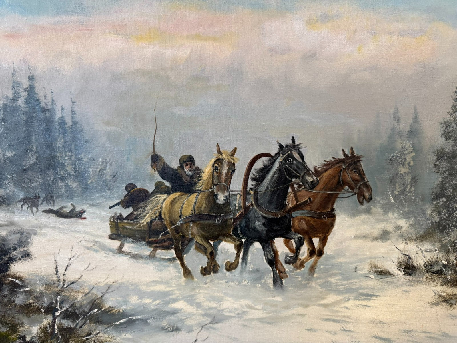 Grosses Ölgemälde in Prunkrahmen Willuow signiert Trojka in Winter Landschaft