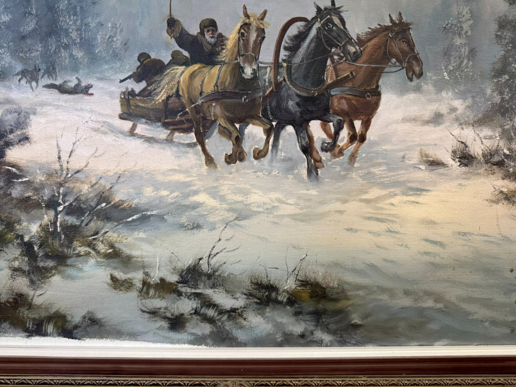 Grosses Ölgemälde in Prunkrahmen Willuow signiert Trojka in Winter Landschaft