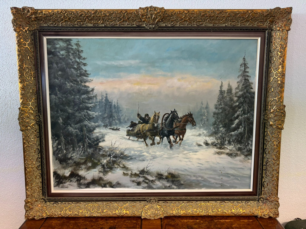 GROSSES ÖLGEMÄLDE IN PRUNKRAHMEN WILLUOW SIGNIERT TROJKA IN WINTER LANDSCHAFT