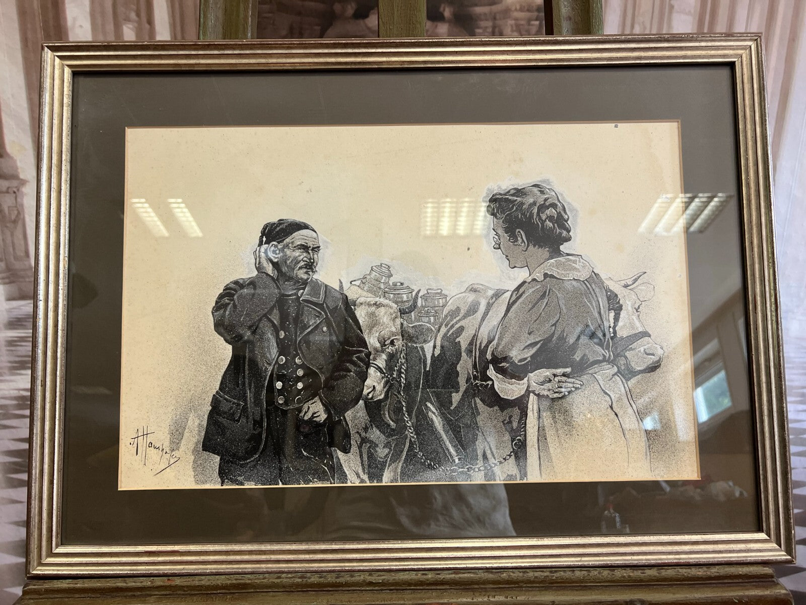 GRISAILLE AUF PAPIER PERSONEN BAUERN IN GESPRÄCH ALFRED HAUSHOFER (1872-1943)