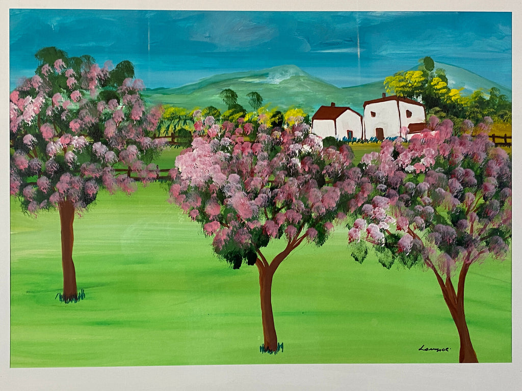 Sehr grosses Aquarell massiv gerahmt Frühling Landschaft signiert M. Lavezolli
