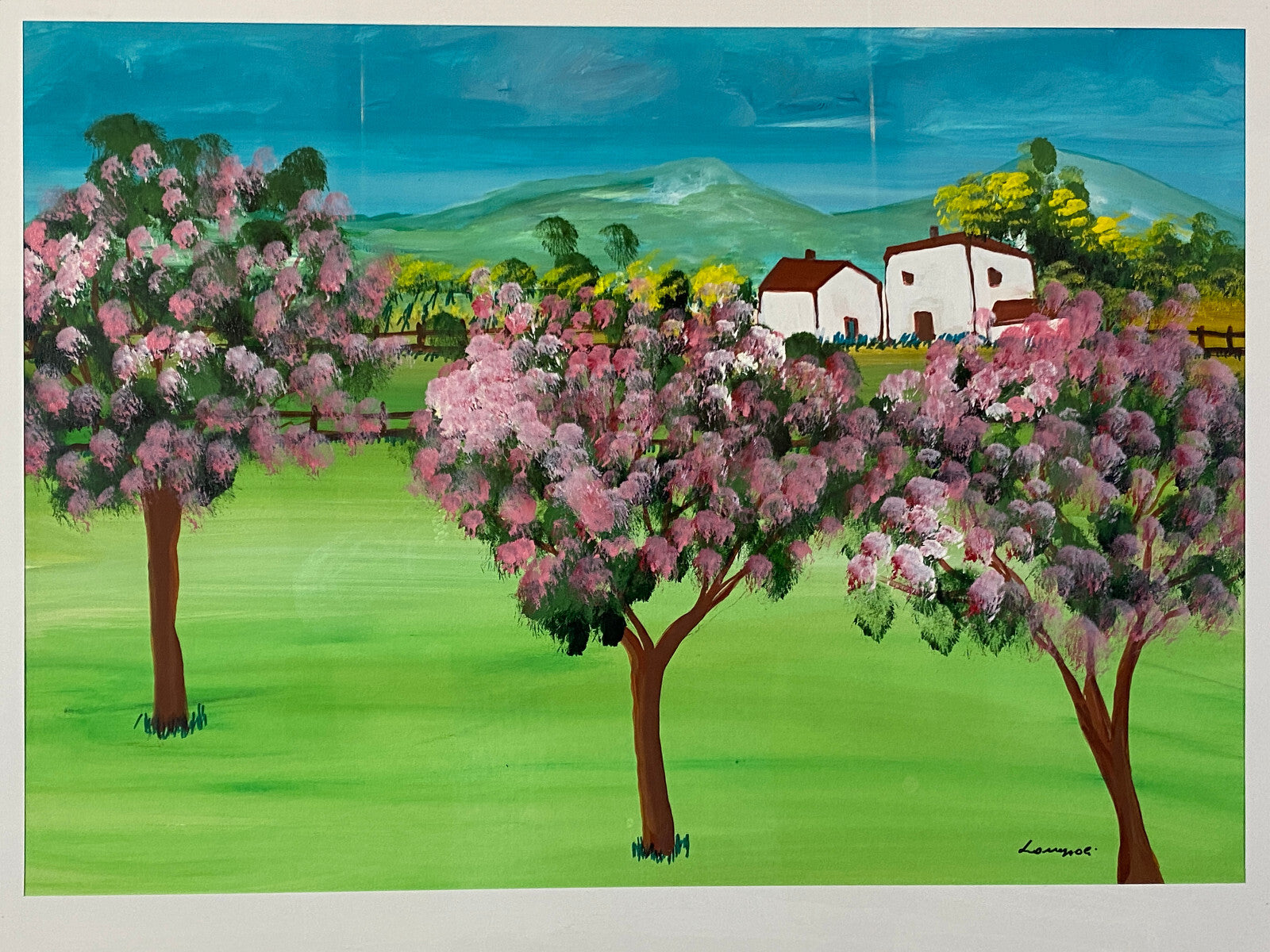 Sehr grosses Aquarell massiv gerahmt Frühling Landschaft signiert M. Lavezolli