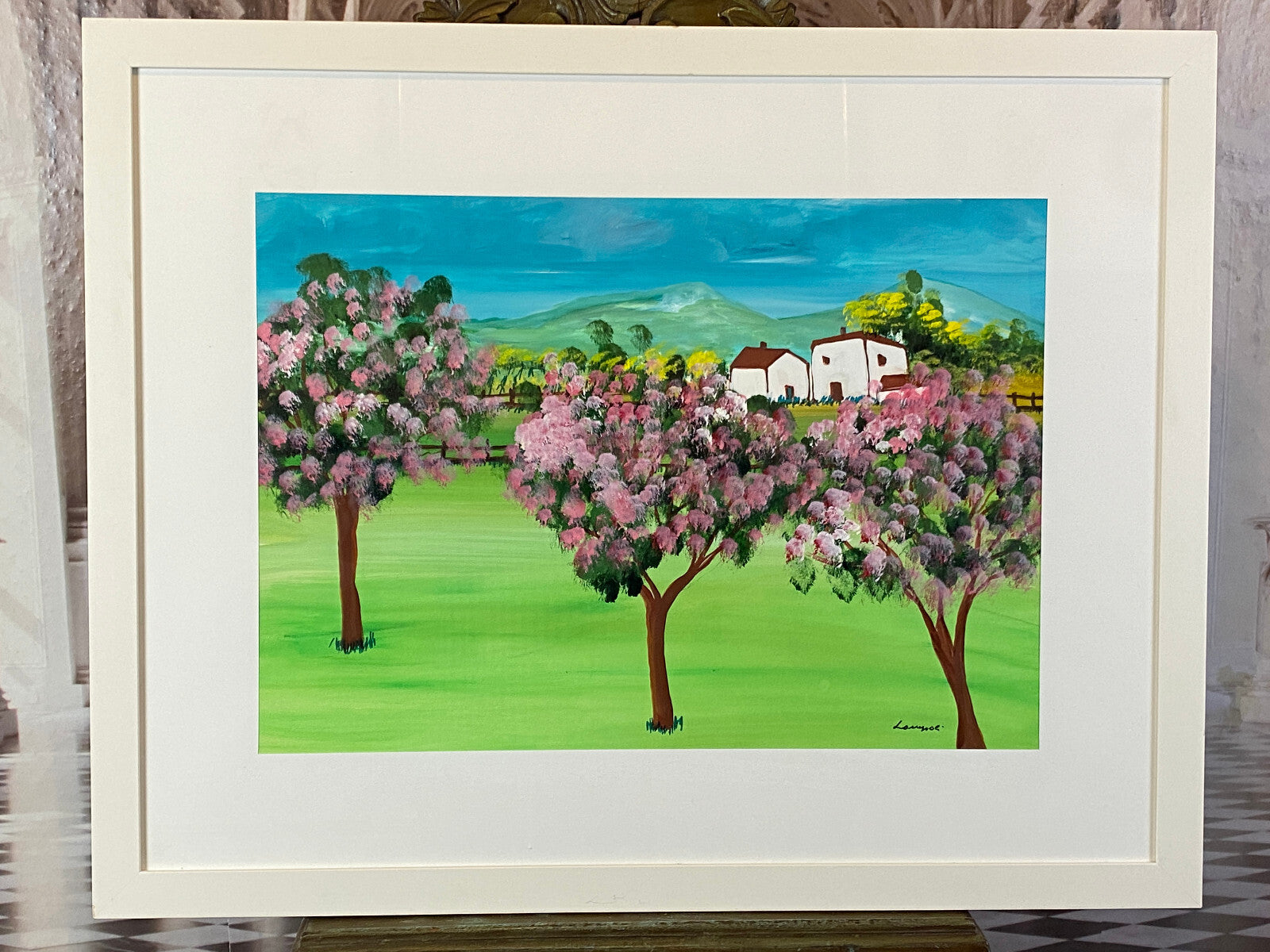 Sehr grosses Aquarell massiv gerahmt Frühling Landschaft signiert M. Lavezolli