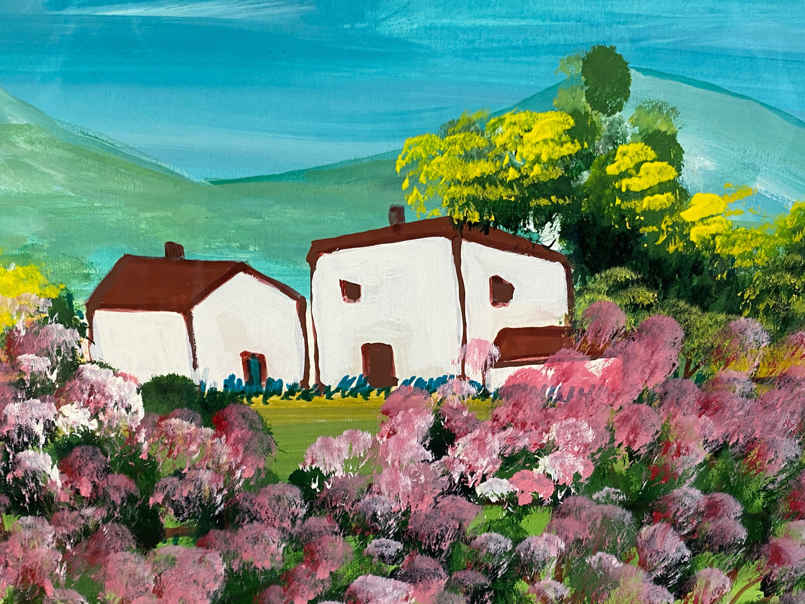 Sehr grosses Aquarell massiv gerahmt Frühling Landschaft signiert M. Lavezolli