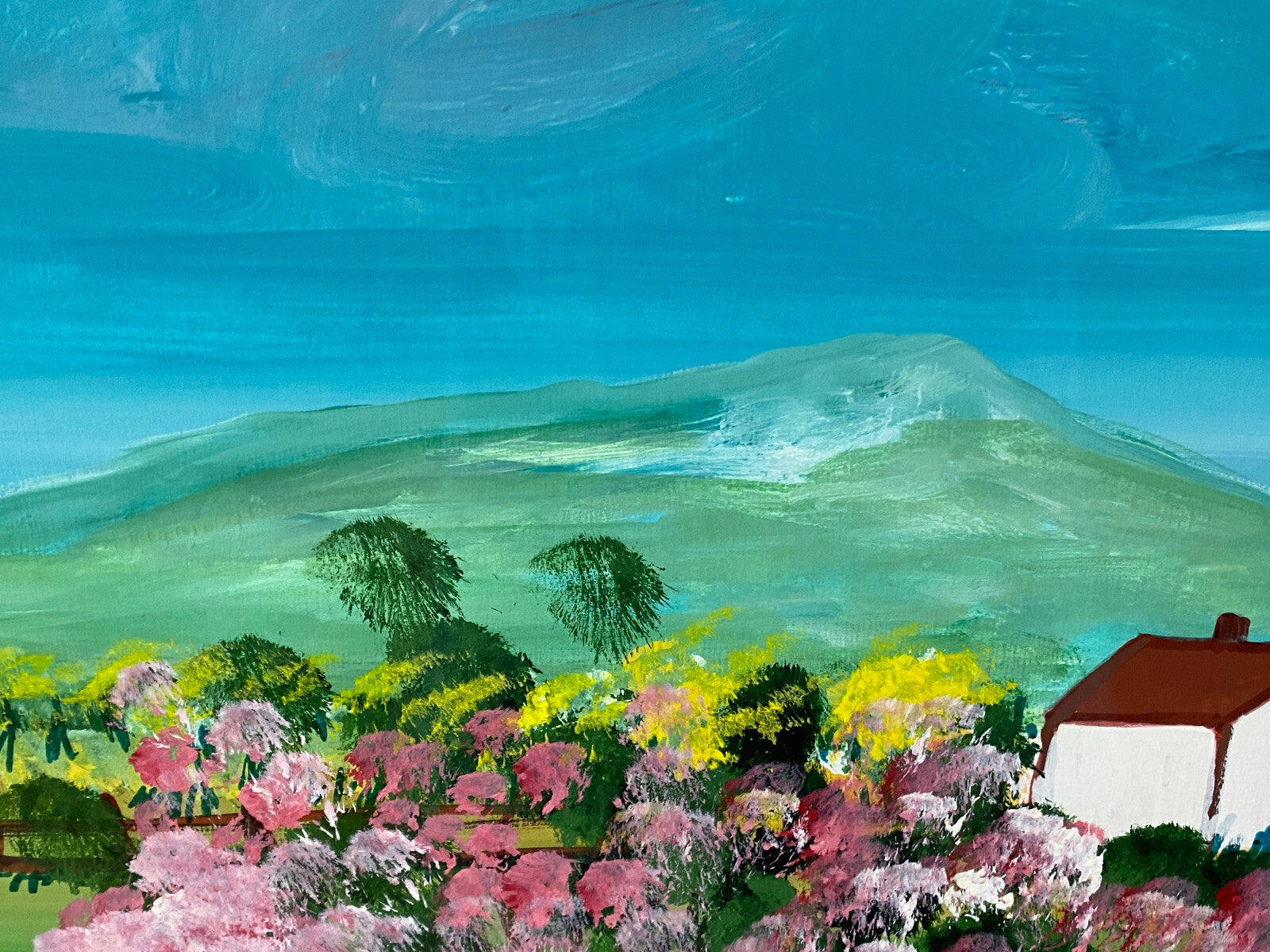 Sehr grosses Aquarell massiv gerahmt Frühling Landschaft signiert M. Lavezolli