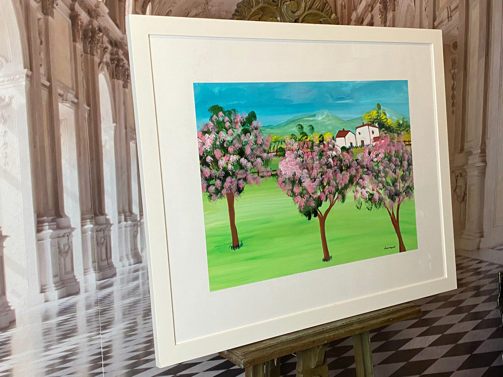 Sehr grosses Aquarell massiv gerahmt Frühling Landschaft signiert M. Lavezolli