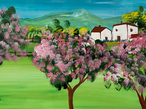 Sehr grosses Aquarell massiv gerahmt Frühling Landschaft signiert M. Lavezolli