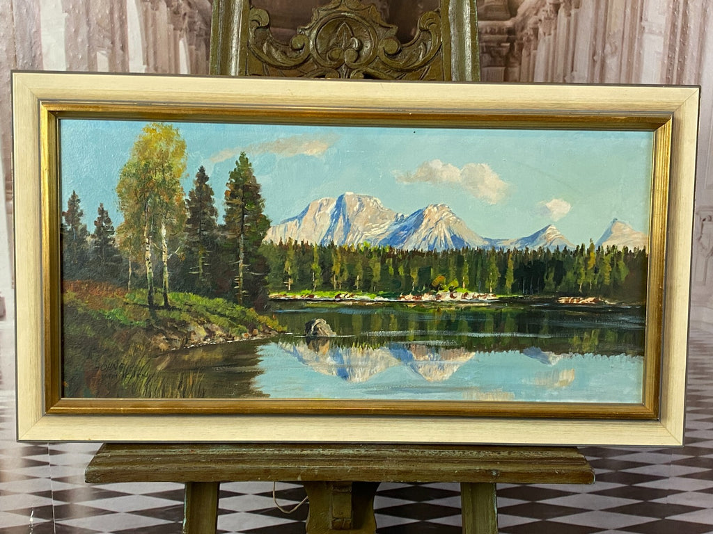 Ölgemälde signiert Höhne München - Weiher Landschaft vor Gebirge