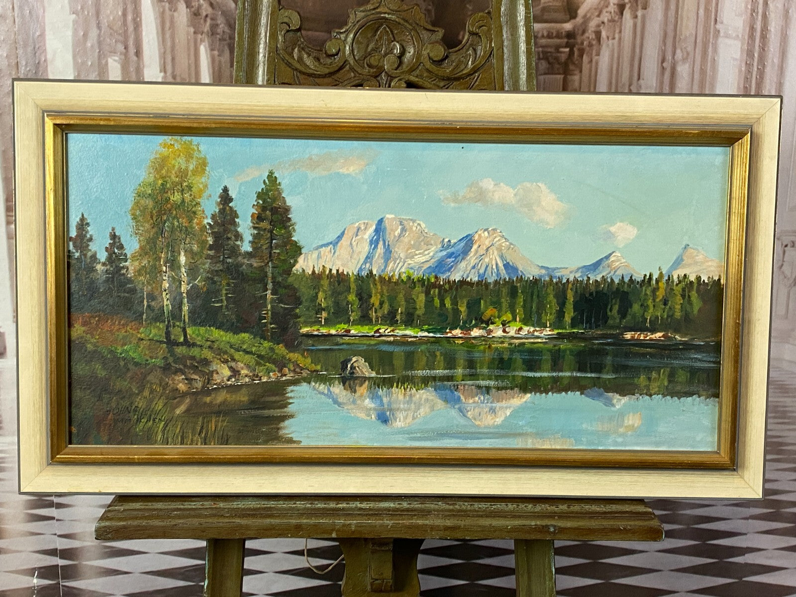 Ölgemälde signiert Höhne München - Weiher Landschaft vor Gebirge