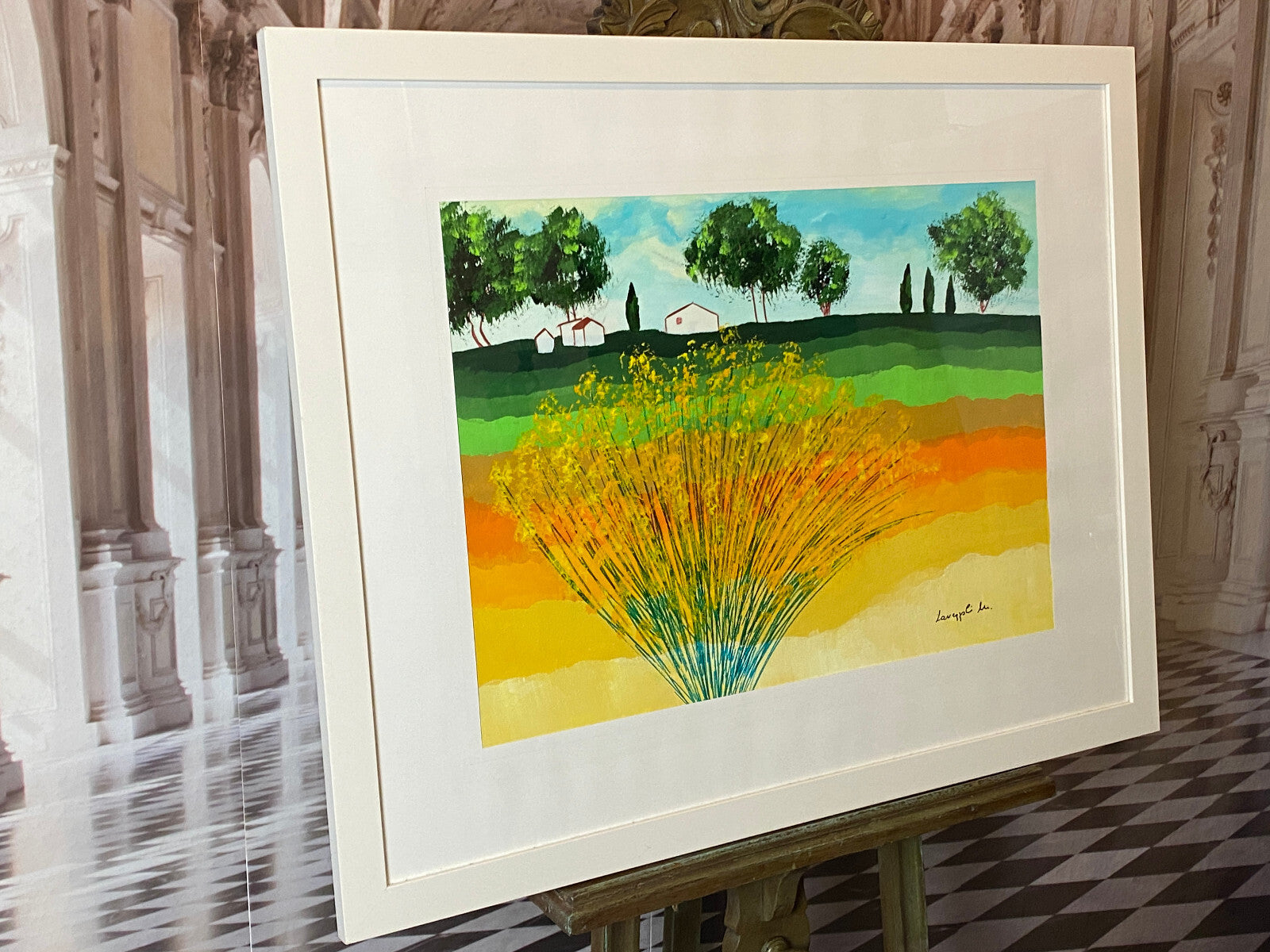 Sehr grosses Aquarell massiv gerahmt Sommer Landschaft signiert M. Lavezolli