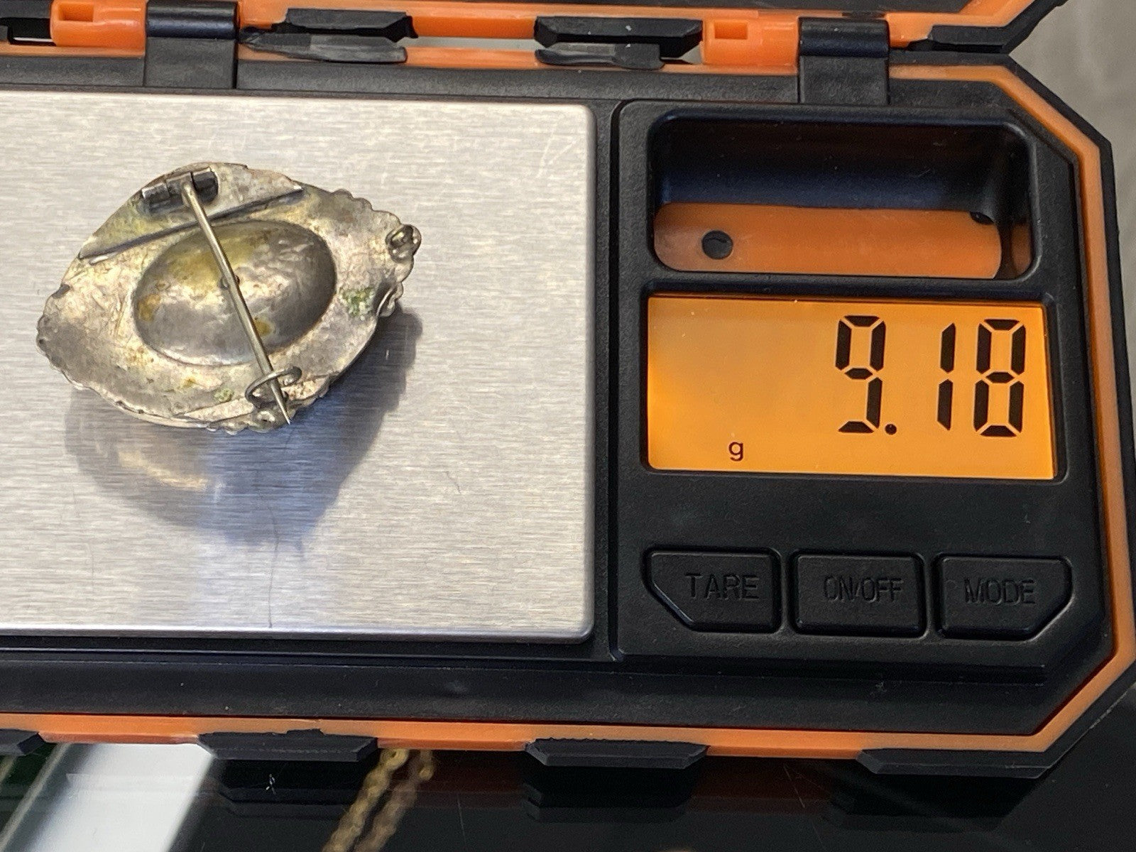 Biedermeier Brosche Onyx Perle Altgelötet Silber vergoldet