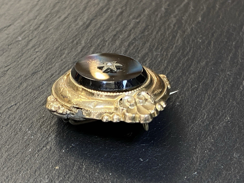 Biedermeier Brosche Onyx Perle Altgelötet Silber vergoldet