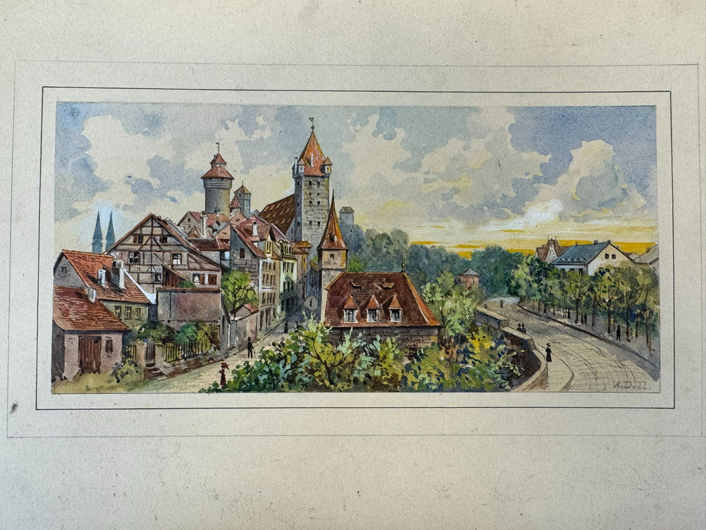 Buntes Aquarell signiert A. Doll auf Karton Geklebt