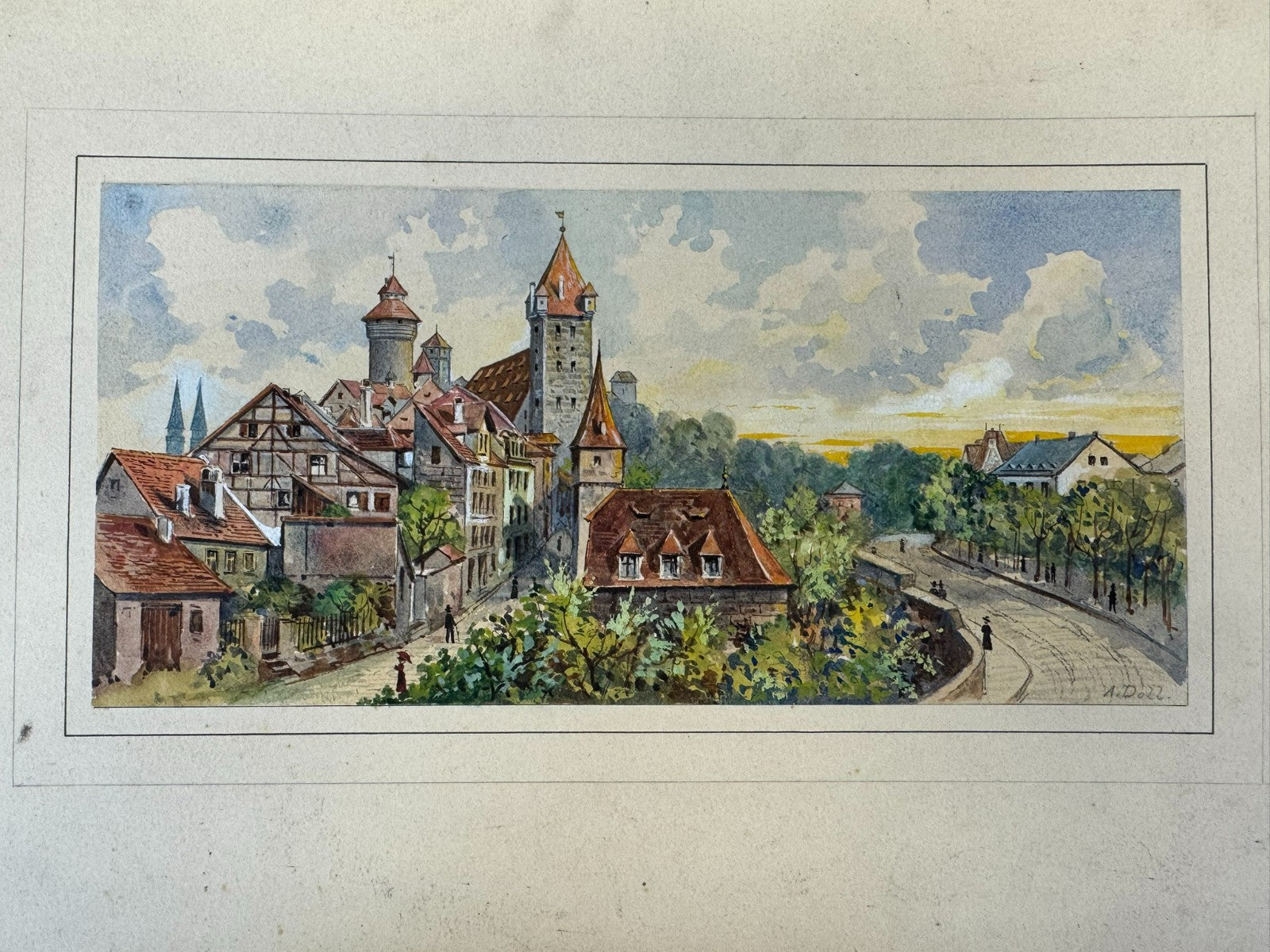 Buntes Aquarell signiert A. Doll auf Karton Geklebt