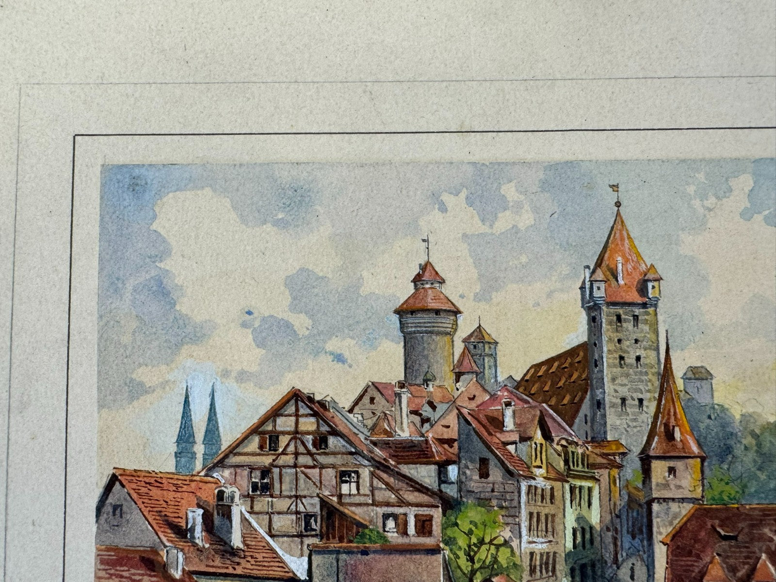 Buntes Aquarell signiert A. Doll auf Karton Geklebt