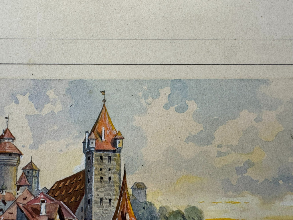 Buntes Aquarell signiert A. Doll auf Karton Geklebt