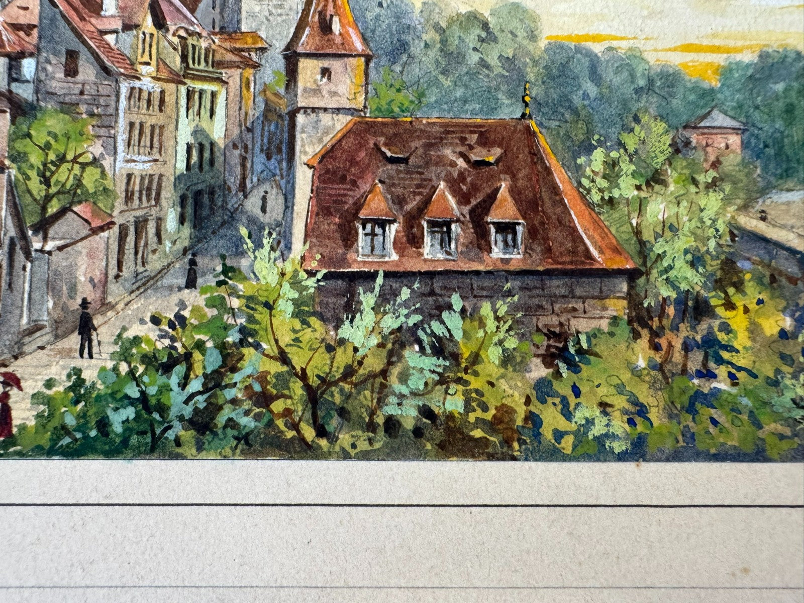 Buntes Aquarell signiert A. Doll auf Karton Geklebt