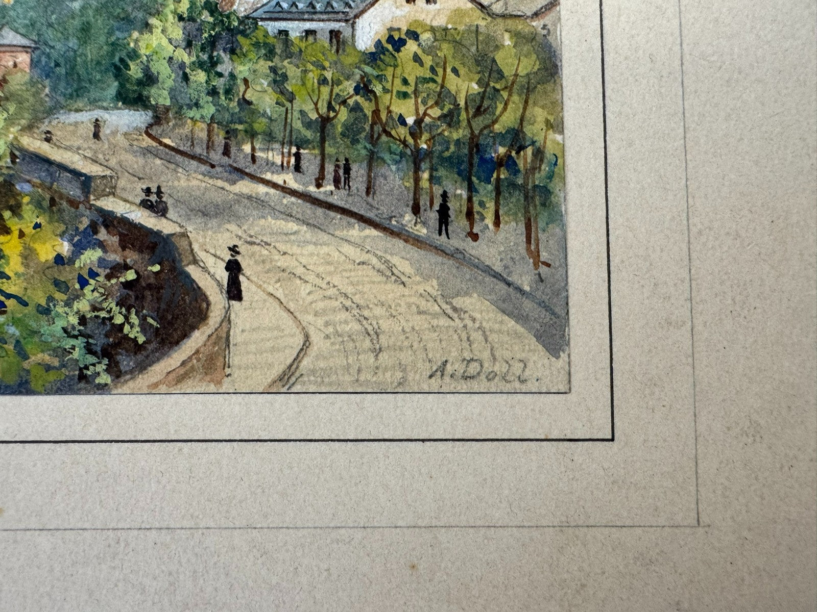 Buntes Aquarell signiert A. Doll auf Karton Geklebt
